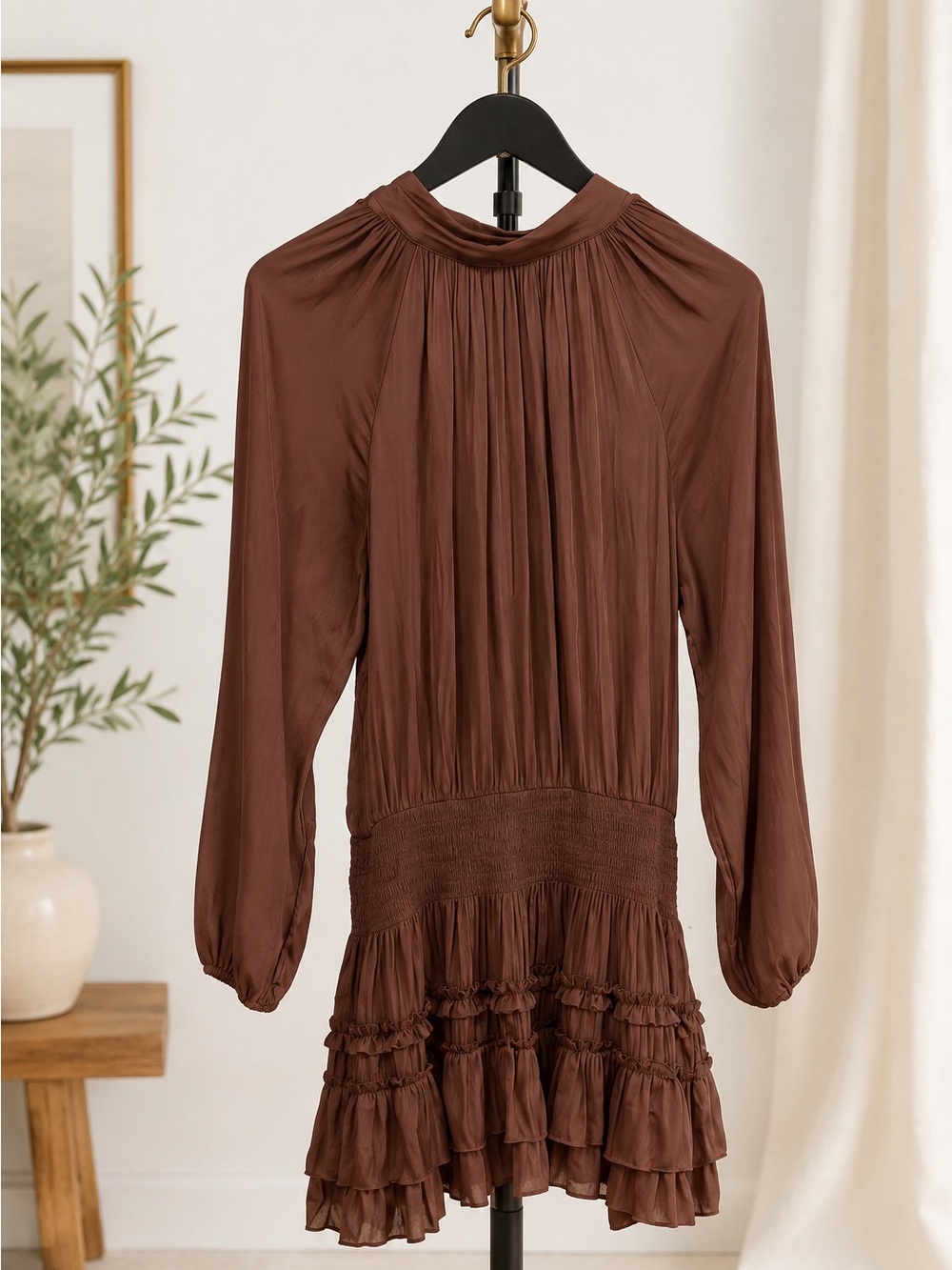 Mustard Seed Chocolate Brown Long-Sleeve Ruffle Tiered Dress